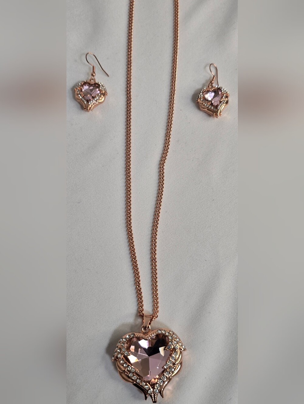 Rose Gold Chain Necklace with Pink Crystal Earrings Set